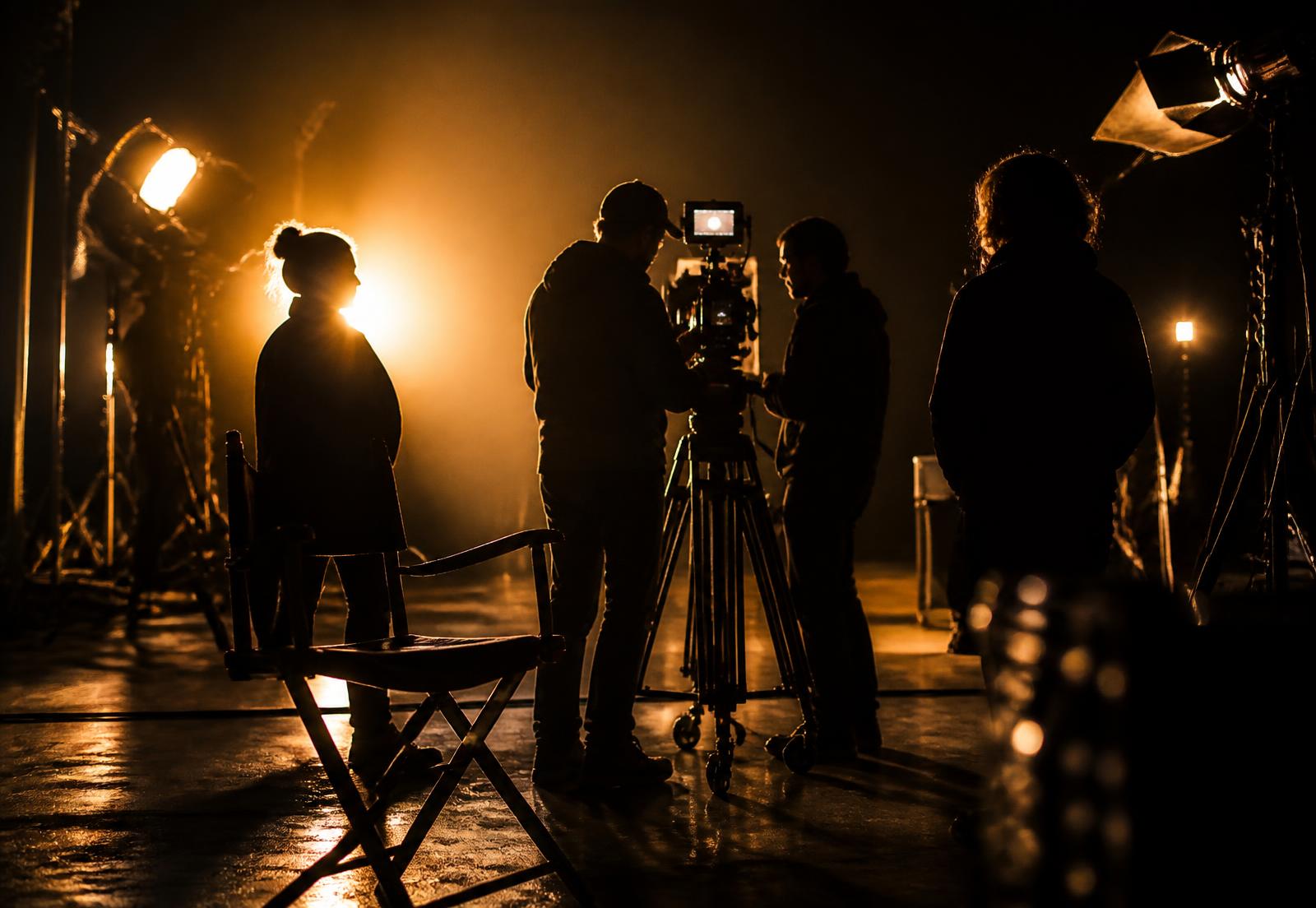 Film crew working on a set at night